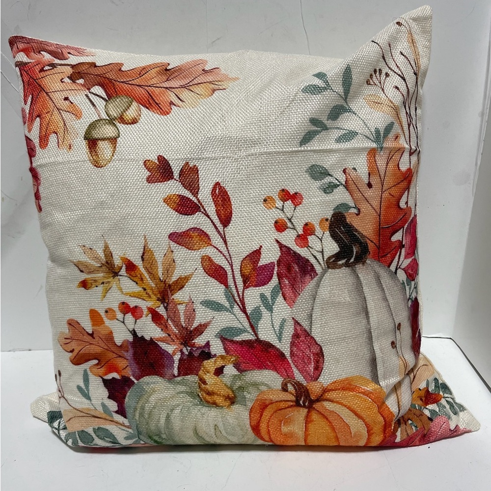 Elegant Cream Throw Pillow - Autumn Fall Harvest - Leaves and Pumpkins